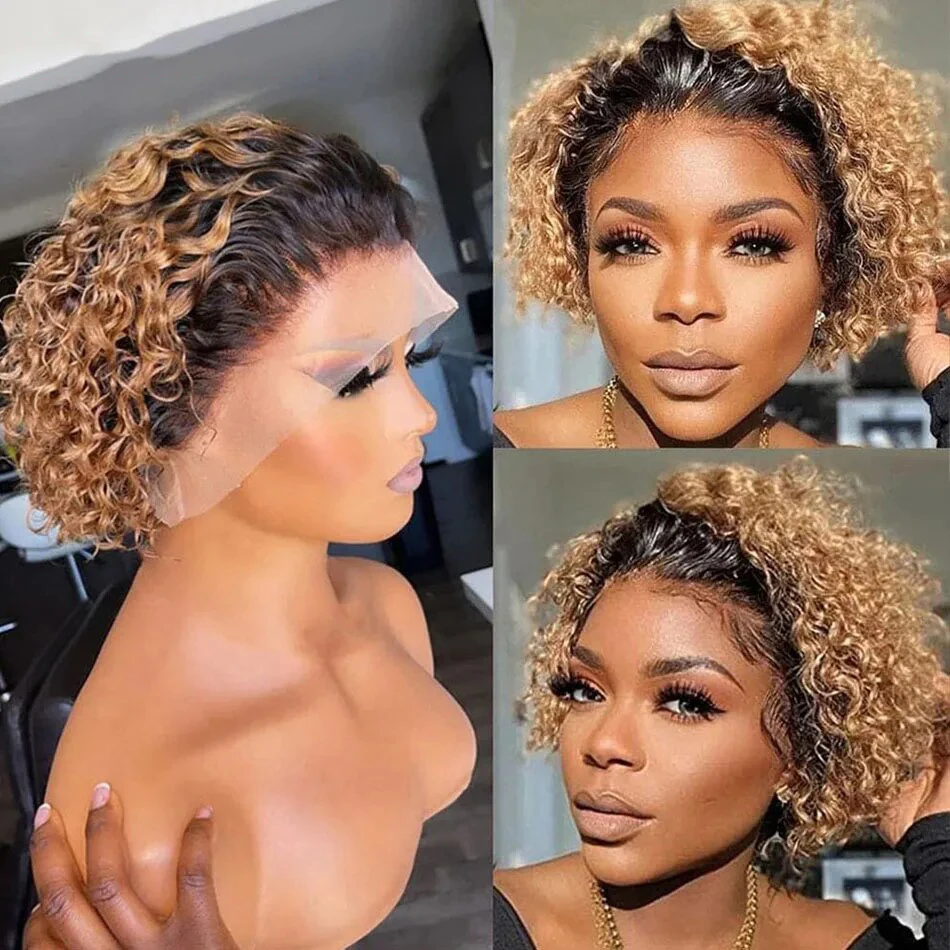 Pixie Cut Wig Honey Blond Water Deep Wave Lace Wig Afro Curly Short Bob Hum - £24.54 GBP+