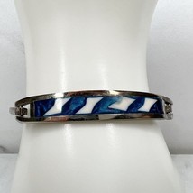 Vintage Alpaca Mexico Silver Tone Blue White Inlay Hinge Bangle Bracelet - £19.88 GBP