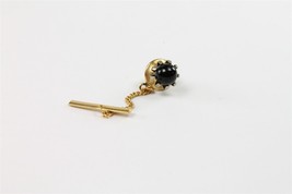 ✅ Vintage Men Neck Tie Pin w/Chain Clasp Bar Clip Sphere Onyx Gold Tone ... - £5.81 GBP