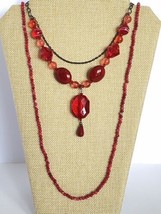 Red Multi-Strand Lightweight Plastic Black Metal Layered Necklace Set - £9.46 GBP