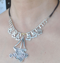 Silver Bib necklace, Boat necklace, beach jewelry, statement necklace, 826 - £18.37 GBP