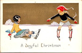 c1910&#39;s Christmas Girls Winter Ice Skating Embossed Unposted Antique Postcard a4 - £17.76 GBP
