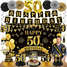 50Th Birthday Decoration Kit for Men Women 42PCS, Black Gold Happy 50Th Bday Ban - £28.37 GBP