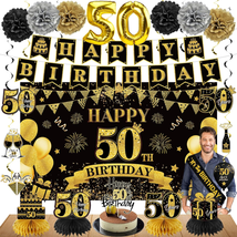 50Th Birthday Decoration Kit for Men Women 42PCS, Black Gold Happy 50Th Bday Ban - £27.21 GBP