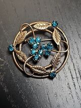 Vintage Flower Floral Leaf Blue Crystal Gold Tone Rhinestone Pin Brooch - $26.70