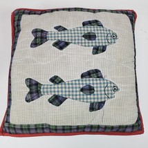 Vintage 1960s Handcrafted Cabin Fish Applique Square Throw Pillow 16x15 ... - $83.22