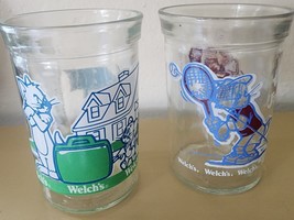 Vintage Tom and Jerry The Movie &amp; Tennis Welch&#39;s Glass Jelly Jam Jar Set Of 2 - $11.69