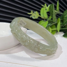 Natural Certified Hand Carved Plum Blossom Green Lake Hetian Jade Bangle 60MM - £220.53 GBP