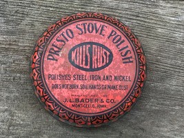 Vtg Antique Round Presto Stove Polish Tin J.L Bader Monticello Iowa Ia - £11.83 GBP