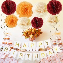 Fall Birthday Party Decorations Burgundy Champagne Orange Tissue Pom Pom Happy B - £28.53 GBP