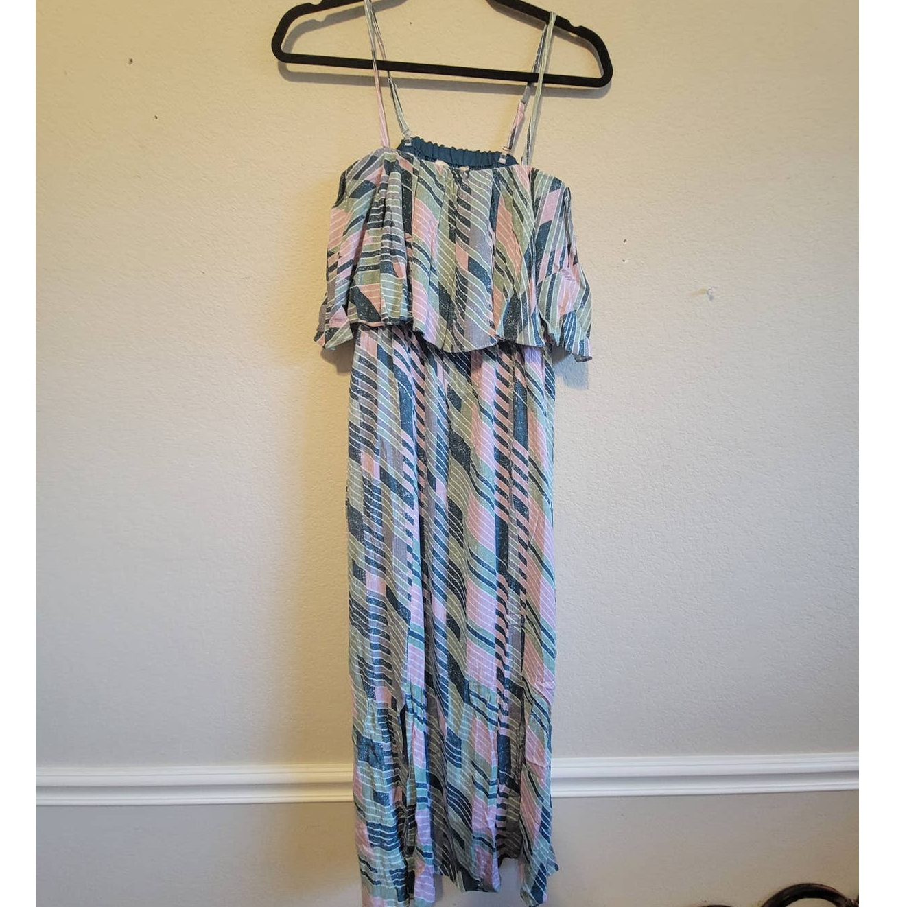 Mystree Womens Dress Maxi Spaghetti Strap Flounce Print Sundress Blue Green Pink