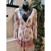 Enjoi Women’s Boho Print Wrap Romper Large Long Sleeve Deep V-Neck Belted  - $27.72