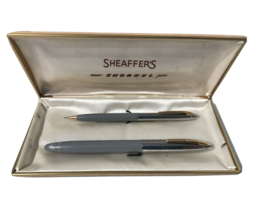 Sheaffer Pastel Grey Snorkel Pen & Pencil 14k Gold Nib Chrome Top w Case - £74.78 GBP