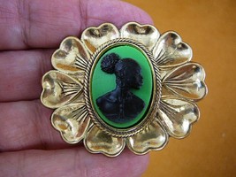 (CA10-113) RARE African American LADY green + black CAMEO oval heart Pin Pendant - $27.10