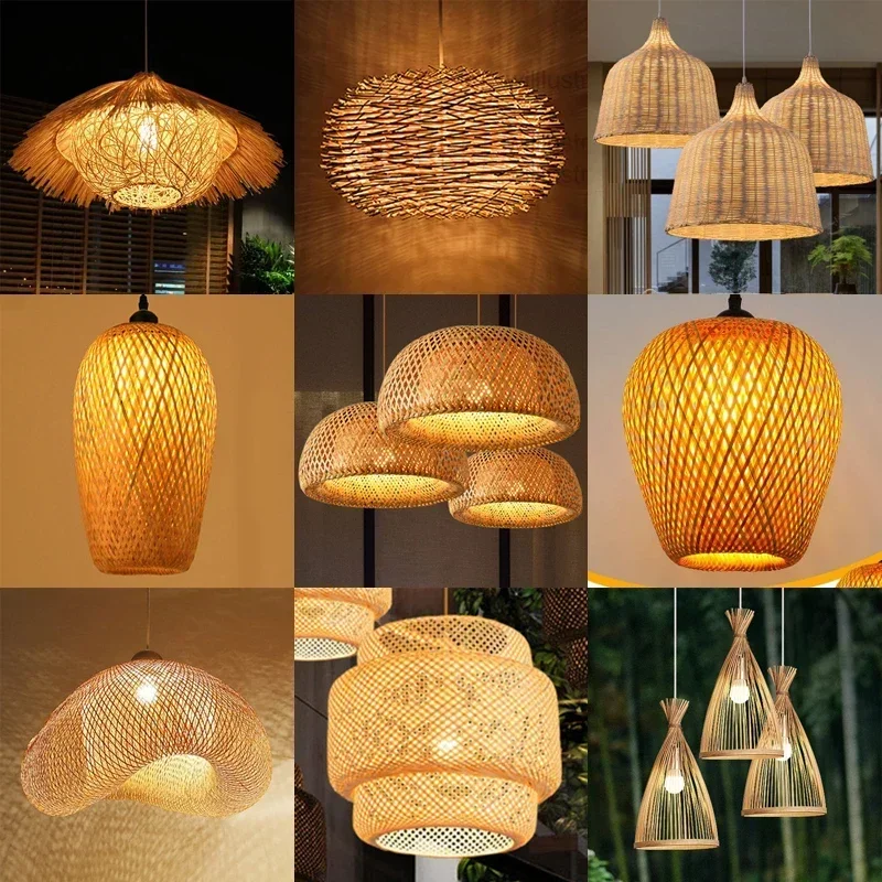 Bamboo Hanging Lamp Pendant Ceiling Light Rattan Wicker Lustre Hand Knit - $20.58+