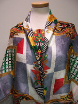 2.9yds Designer French Fabric Silk Matelasse W/ Gold Grey &amp; Off White Red Design - £319.74 GBP