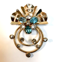 Scitarelli Gold Tone Prong Set Aqua Blue / Crystal Rhinestone Pendant Brooch  - $20.00