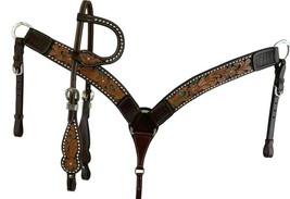 Western Horse One Ear Dark Leather Bridle Headstall + Breast Collar Tack Set - £76.48 GBP