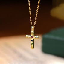 Fashion Women&#39;s Colorful CZ Cross 18k Yellow Gold Plated Dainty Necklace 16&quot; - £64.23 GBP