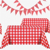 Picnic Perfect Red &amp; White Plaid Tablecloth Set with Buffalo Checkered Plastic R - £23.69 GBP