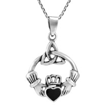 Celtic Trinity Knot &amp; Claddagh w/ Black Onyx Heart Sterling Silver Necklace - £17.81 GBP