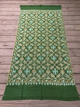 Antique Handmade Green Embroidered Wool Fabric Signed 38x79 - $128.25