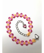 Light Pink Beaded Bracelet Orange Dainty  Silver Heart Charm Glam Adjust... - $7.84