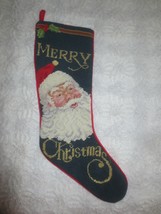 Handmade Merry Christmas Santa Needlepoint Metallic Lettering 22&quot; Diag. Stocking - £15.95 GBP