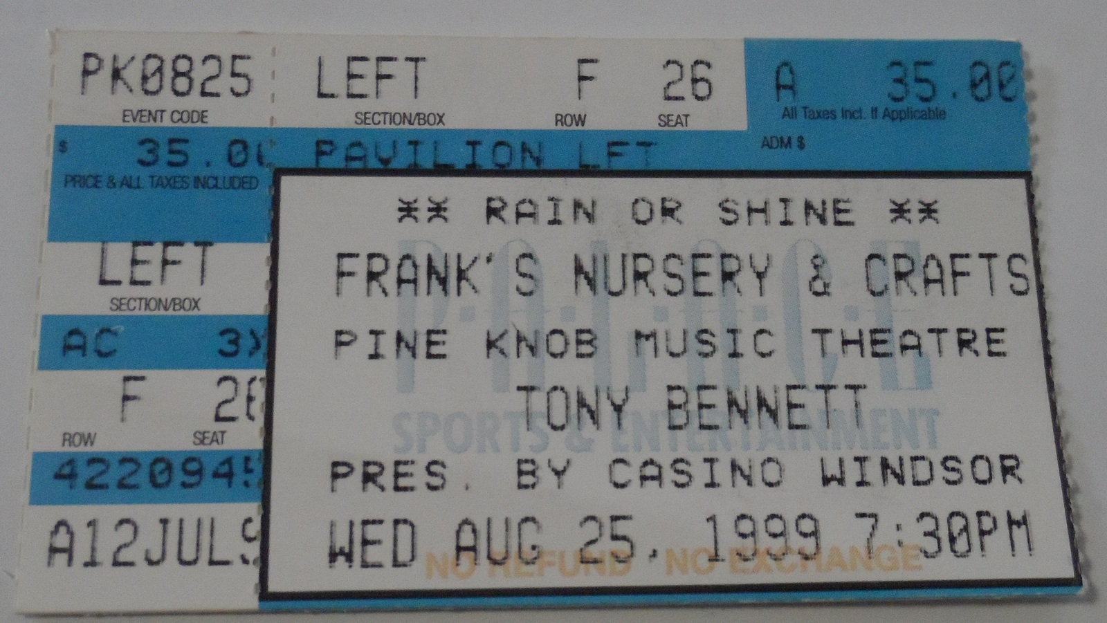 TONY BENNETT 1999 TICKET STUB Pine Knob Theatre Casino Windsor Presentation - $8.95