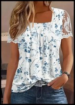 NEW White Blue Floral Fashion Short Sleeve Pull Over Top Blouse L - $17.00