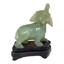 Green Carved Jade Elephant Trunks Up Good Luck On Wood Pedestal Figurine 3” Tall - £29.37 GBP