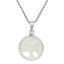 17mm Round Tree of Life Carved Mother of Pearl Shell Sterling Silver Necklace - £21.82 GBP