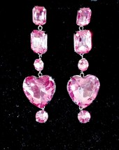 Dangle Bridesmaids Earrings, Rhinestone Heart Drop Earrings, Pink Crystal Chande - £29.45 GBP