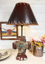 Western Turquoise Faux Distressed Wood Cross Bible Verses Family Side Table Lamp - £61.53 GBP
