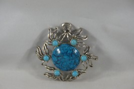 Vintage Blue Faux Turquoise Fillagree Metal Pendant 2&quot; - £8.29 GBP