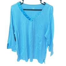 1990s TanJay Blue 3/4  Sleeve Top w Rhinestones &amp; V Satin Neck Woman’s 2X. - £7.48 GBP