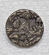 OLD Gold Tone Metal Button Raised Birds Drinking Palm Tree Urn Lion 5/8&quot; - £5.16 GBP