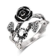 Fashion Tibetan Silver Rose Rings For Women Retro Gray Crystal Ring Anel Luxury  - £7.07 GBP