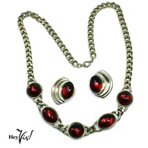 Vintage Gold &amp; Red Necklace with Pierced Earrings Set -Statement Style -... - £23.59 GBP