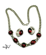 Vintage Gold &amp; Red Necklace with Pierced Earrings Set -Statement Style -... - £23.49 GBP
