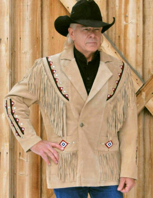 Men's Beige Color Western Style Fringed Suede Real Leather Beaded Patches Jacket