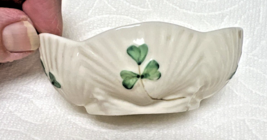 Belleek Black Mark Open Salt w Green Clover On Shell Design Yellow Luste... - $32.18