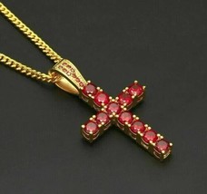 2Ct Round Cut Lab Created Red Ruby Men Cross Pendent 14K Yellow Gold Plated - £120.63 GBP