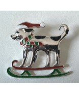 Christmas Brooch Pin DOG on Skies with Santa Hat Scarf 1 3/4 Inches Tall - $17.99