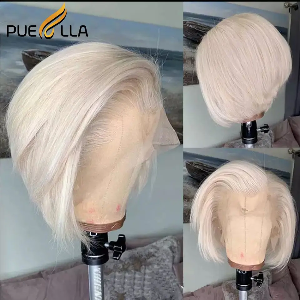 Platinum Blonde Short Bob Human Hair Lace Front Wigs For Women Honey Brown 6 - £104.14 GBP+