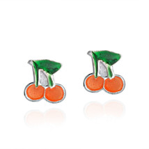 Whimsical Orange Enamel Cherry .925 Sterling Silver Stud Earrings - £6.72 GBP