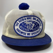 Vtg Rain &amp; Hail Insurance Farmer Trucker Hat Blue Pom Pom Mesh SnapBack ... - £23.62 GBP