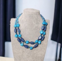 Double Strand Chunky Faux Turquoise Nugget Glass Beaded Necklace Two Tone - £14.94 GBP