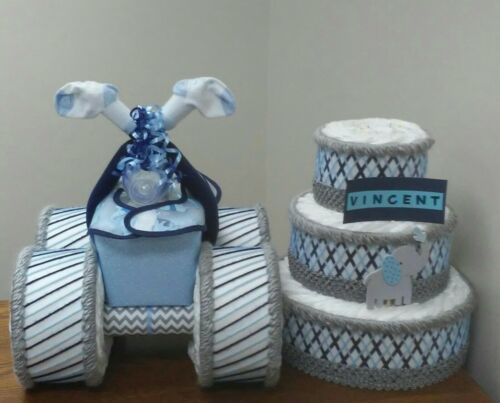 Navy Blue , Grey and Light Blue Elephant Baby Shower Set of 2 Diaper Cakes