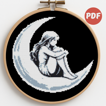 A girl is bored on the moon - Cross stitch pattern PDF - instant download - $5.00
